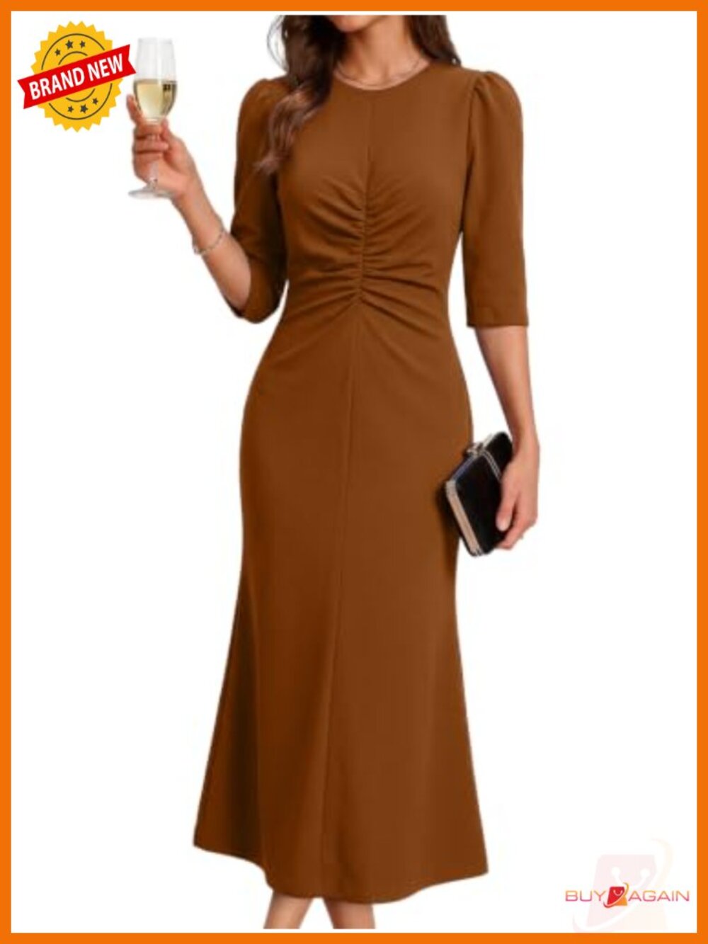 Women's 3/4 Sleeve Ruched Mermaid Maxi Dress Business Casual